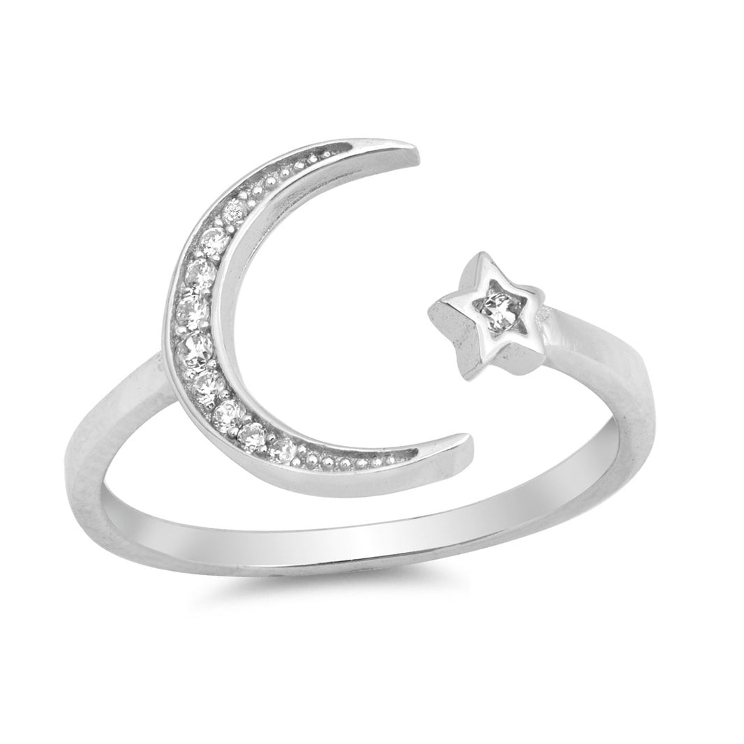Silver CZ Ring - Moon and Star