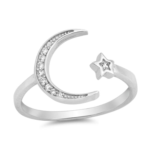 Silver CZ Ring - Moon and Star