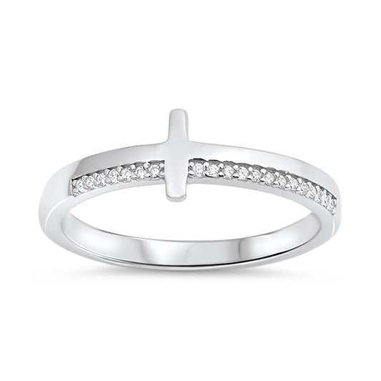 Silver CZ Ring - Sideway Cross