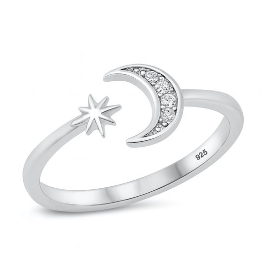 Silver CZ Ring - Moon & Star