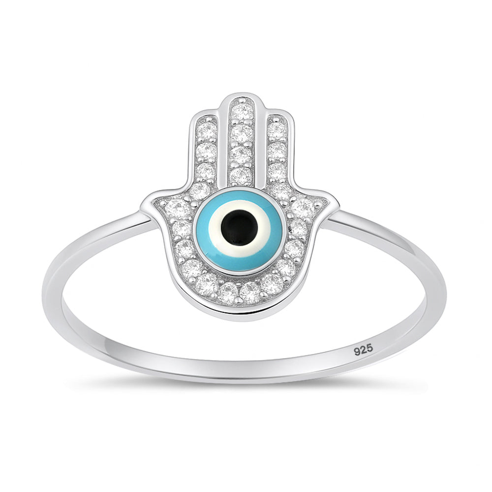 Silver CZ Ring - Hamsa & Evil Eye