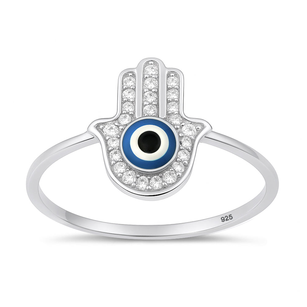 Silver CZ Ring - Hamsa & Evil Eye