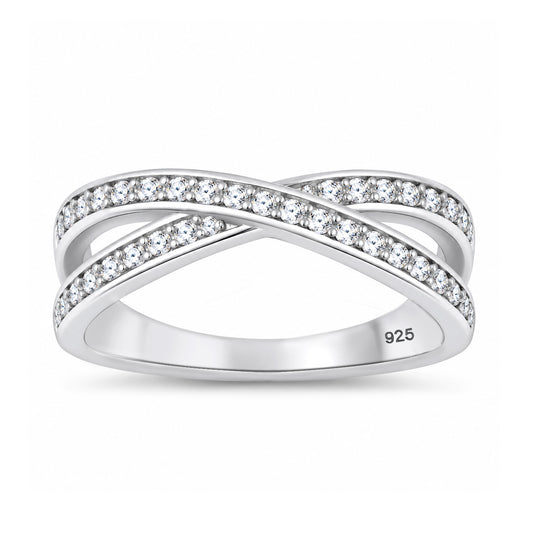 Silver CZ Crisscross Double Row  Ring