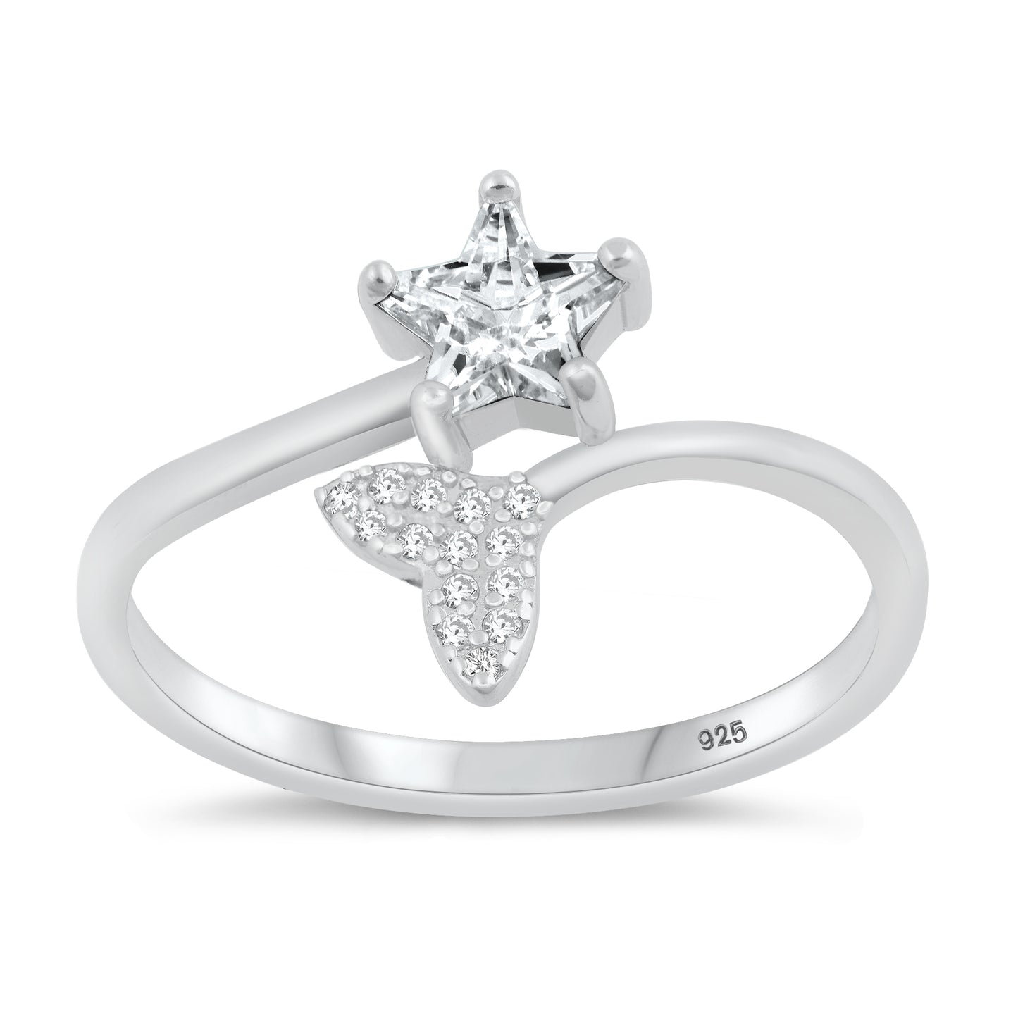 Silver CZ Ring - Whale Tail & Star