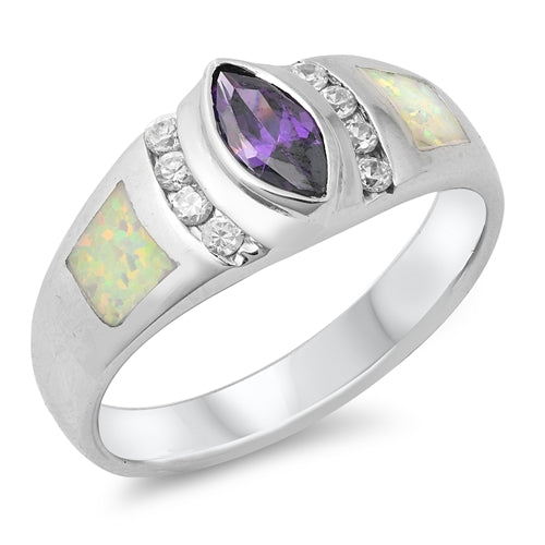 photo of Silver Lab Opal Ring with Amethyst, Clear CZ, and White Lab Opal