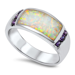 photo of Silver Lab Opal Ring with White Lab Opal, Amethyst CZ