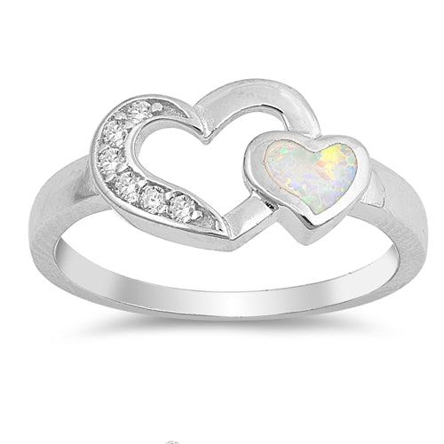 photo of Silver Lab Opal Ring - Heart with White Opal, Clear CZ Stone