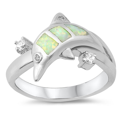 photo of Silver Lab Opal Ring - Dolphin with White Opal, Clear CZ Stone