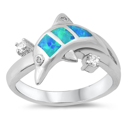 photo of Silver Lab Opal Ring - Dolphin with White Opal, Clear CZ Stone