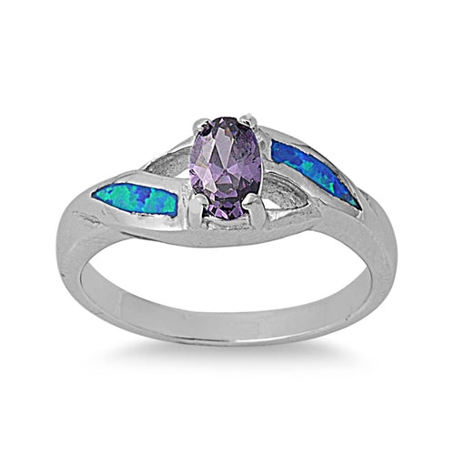 photo of Silver Lab Opal Ring with Blue Lab Opal, Amethyst Stone