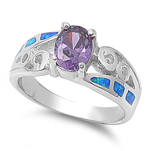 photo of Silver Lab Opal Ring with Blue Opal, Clear CZ Stone