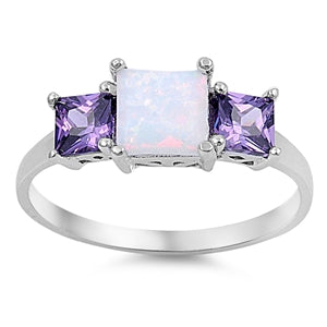 photo of Silver Lab Opal Ring With White Lab Opal, Amethyst CZ Stone