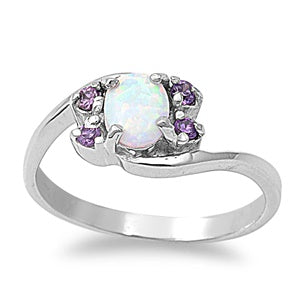 photo of Silver Lab Opal Ring With White Lab Opal, Synthetic Amethyst Stone