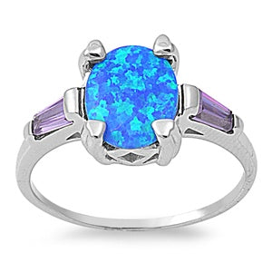 photo of Silver Lab Opal Ring With Blue Lab Opal, Amethyst CZ Stone