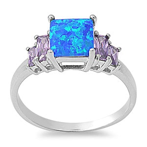 photo of Silver Lab Opal Ring With Blue Lab Opal, Amethyst CZ Stone