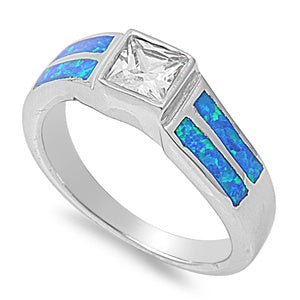 photo of Silver Lab Opal Ring With Blue Lab Opal, Clear CZ Stone
