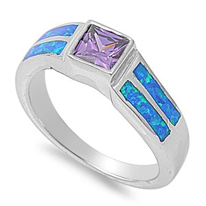 photo of Silver Lab Opal Ring With Blue Lab Opal, Amethyst CZ Stone