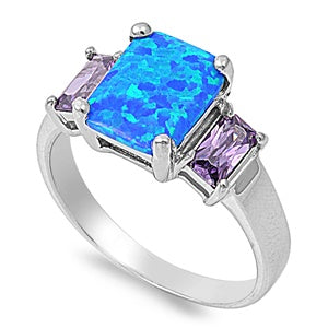 photo of Silver Lab Opal Ring With Blue Lab Opal (OP05), Amethyst CZ Stone