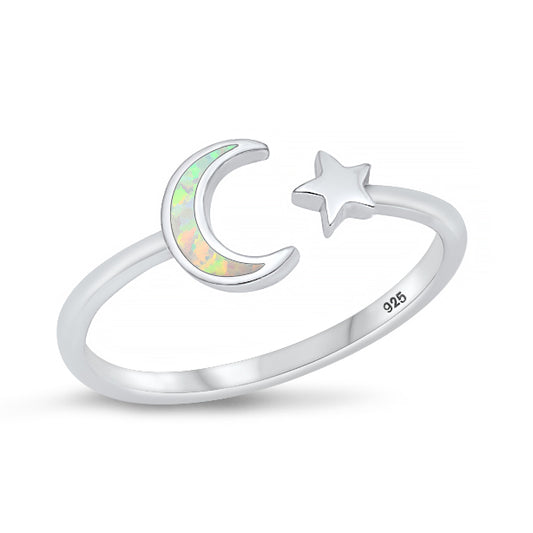 Silver Lab Opal Ring - Moon and Star