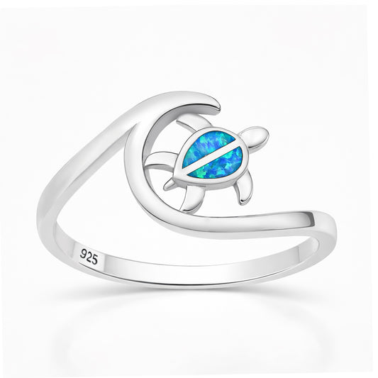Silver Lab Opal Ring - Turtle & Wave