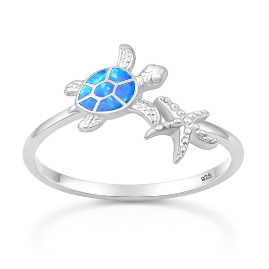 Silver Lab Opal Ring - Turtle & Starfish
