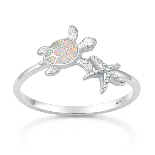 Silver Lab Opal Ring - Turtle & Starfish
