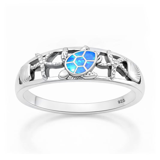 Silver Lab Opal Ring - Turtle Starfish Seashell