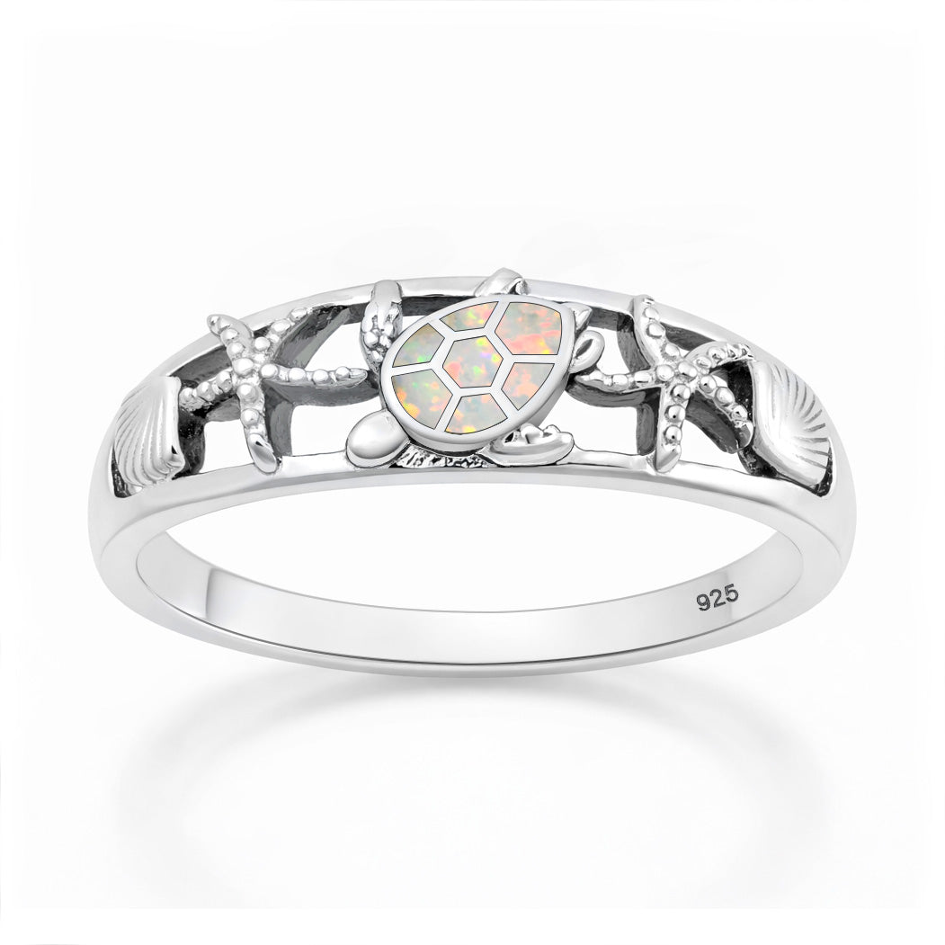 Silver Lab Opal Ring - Turtle Starfish Seashell