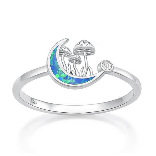 Silver Lab Opal Ring - Moon & Mushrooms