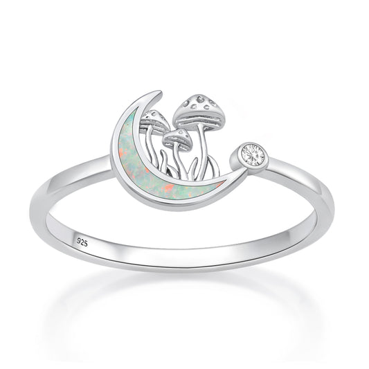 Silver Lab Opal Ring - Moon & Mushrooms