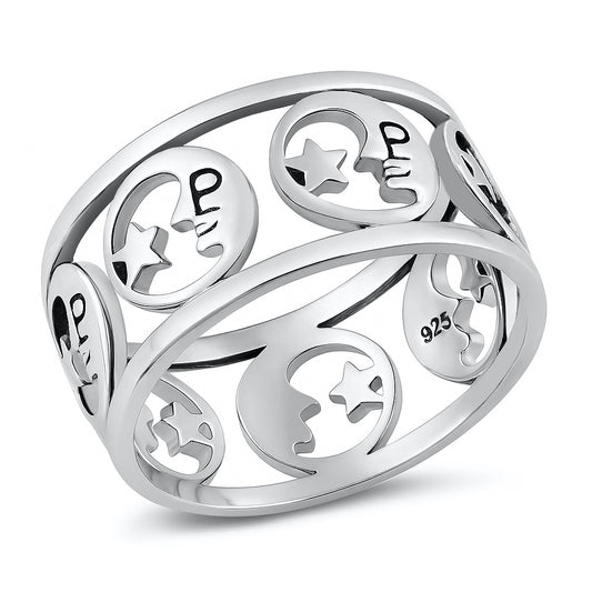 Silver Ring - Crescent Moon and Star