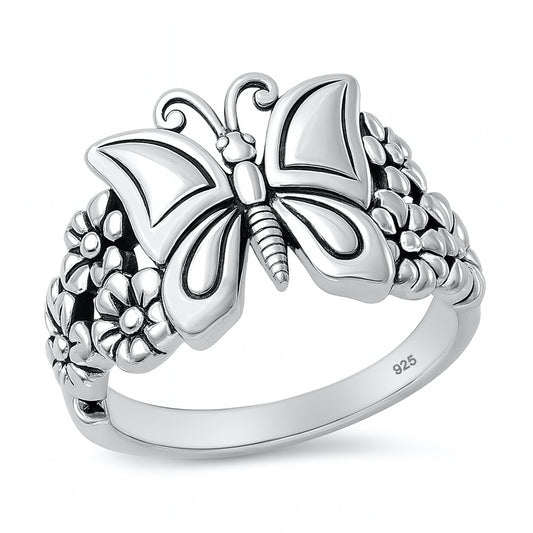 Silver Ring - Plumeria & Butterfly