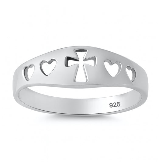 Silver Ring - Cross & Hearts