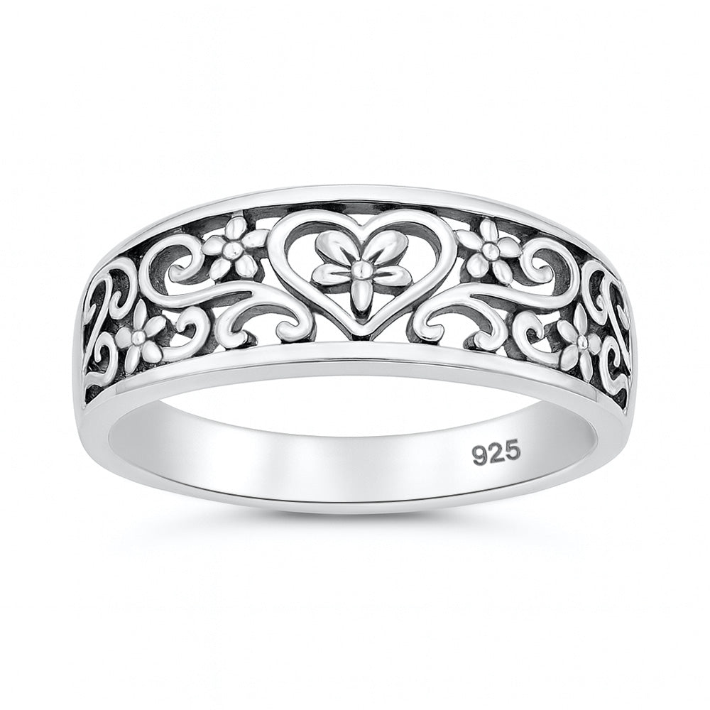 Silver Filigree Heart with Flower Ring
