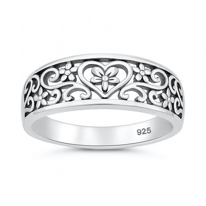 Silver Filigree Heart with Flower Ring