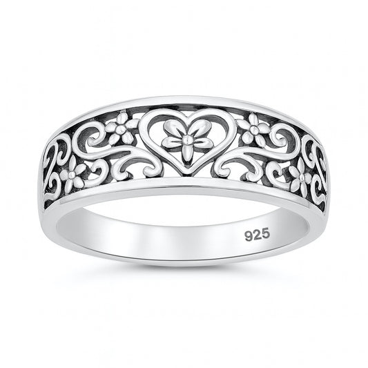 Silver Filigree Heart with Flower Ring