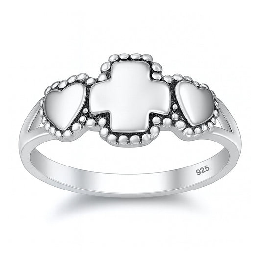 Silver Ring - Cross and Heart