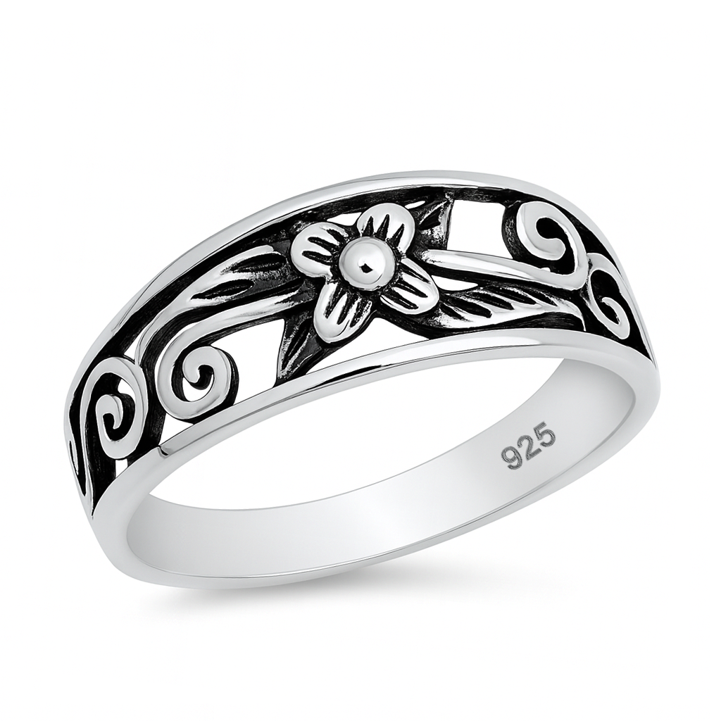 Silver Flower Scroll Ring