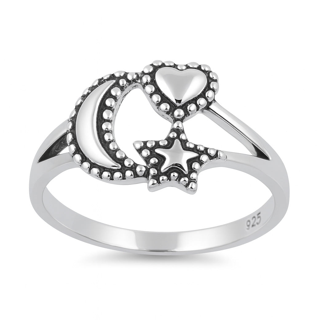 Silver Ring - Moon, Star and Heart