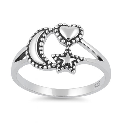 Silver Ring - Moon, Star and Heart