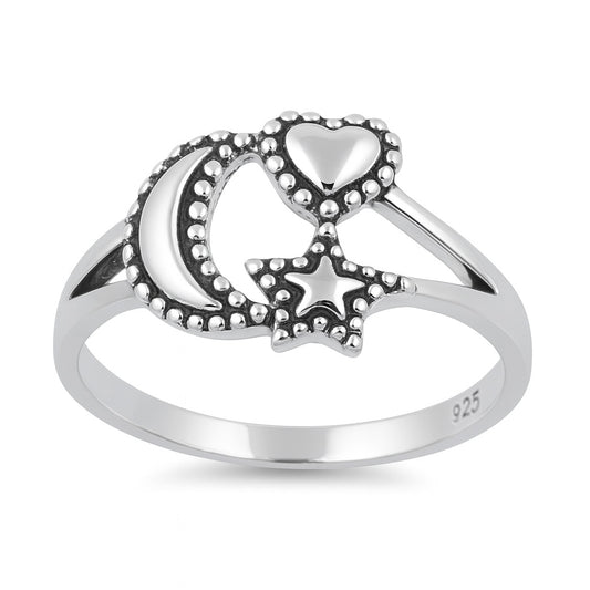 Silver Ring - Moon, Star and Heart