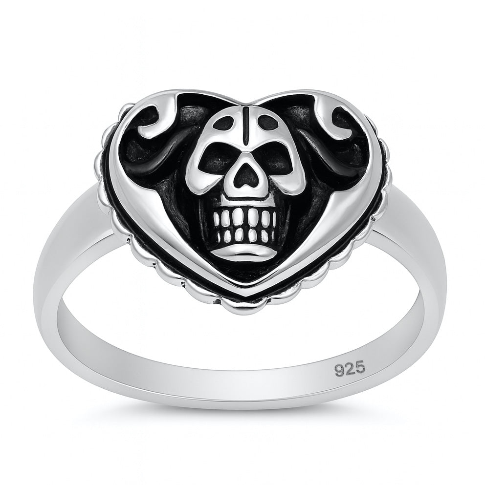 Silver Ring - Heart with Skull