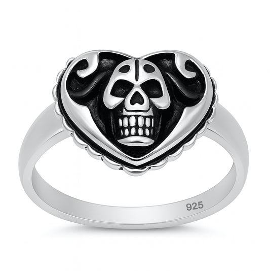Silver Ring - Heart with Skull