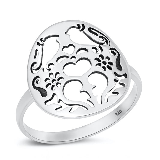 Silver Ring - Cutout Birds & Hearts