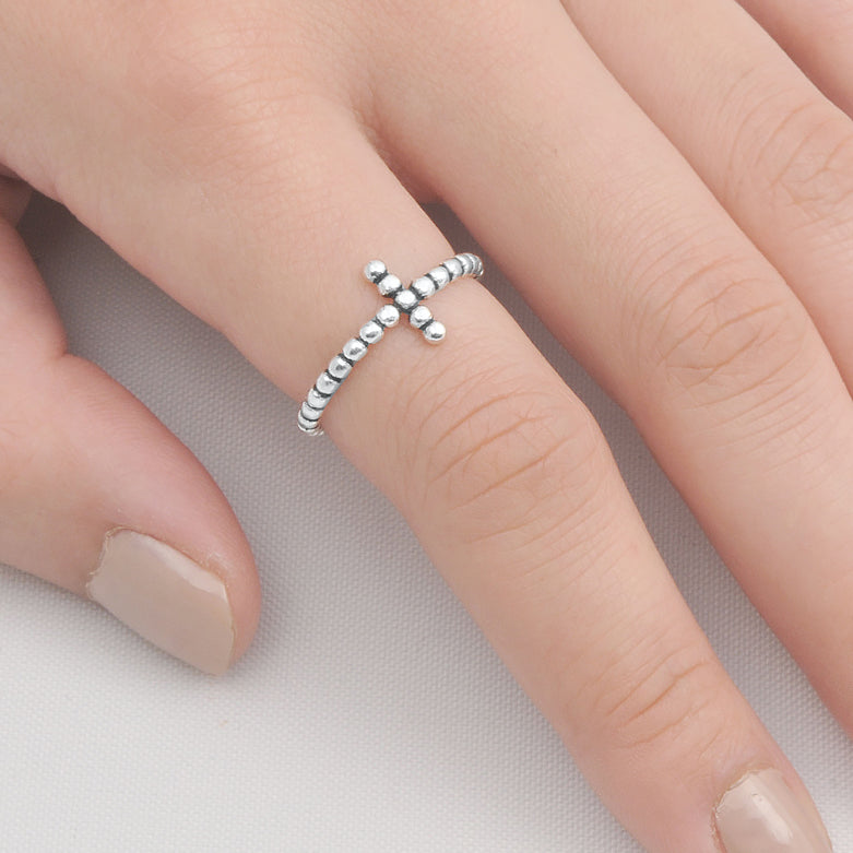 Silver Beaded Cross Ring