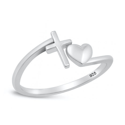 Silver Ring - Heart and Cross