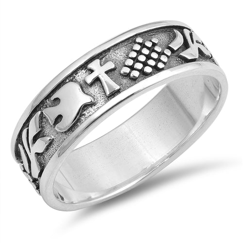 YFN Sterling Silver Cross Ring - "With God All Things Are Possible" Engraved With Blue CZ, Size 7-8