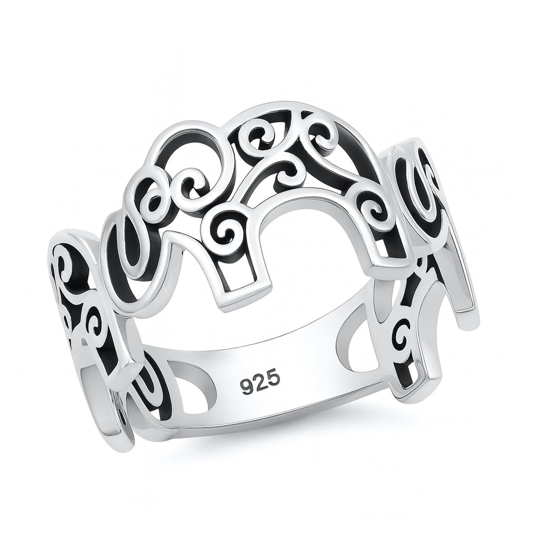 Silver CZ Ring - Filigree Elephants
