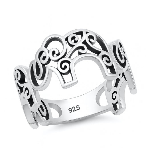 Silver CZ Ring - Filigree Elephants