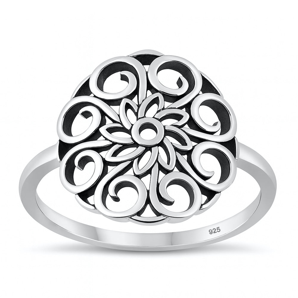 Silver Mandala Flower Ring